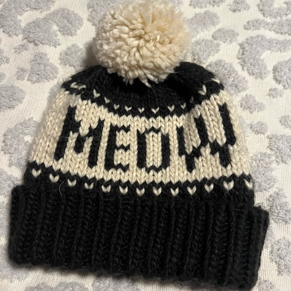 Black and White Knit Beanie with Pom Pom